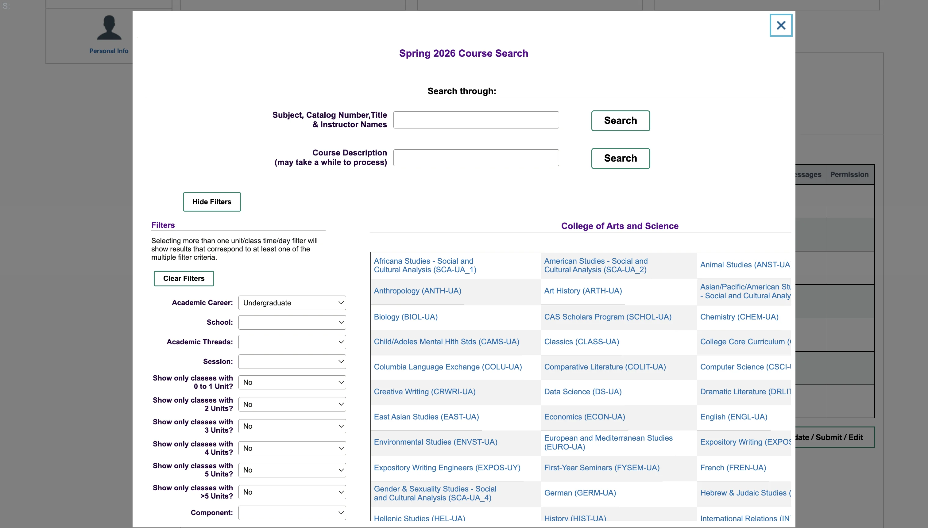 Albert current UI – course search modal